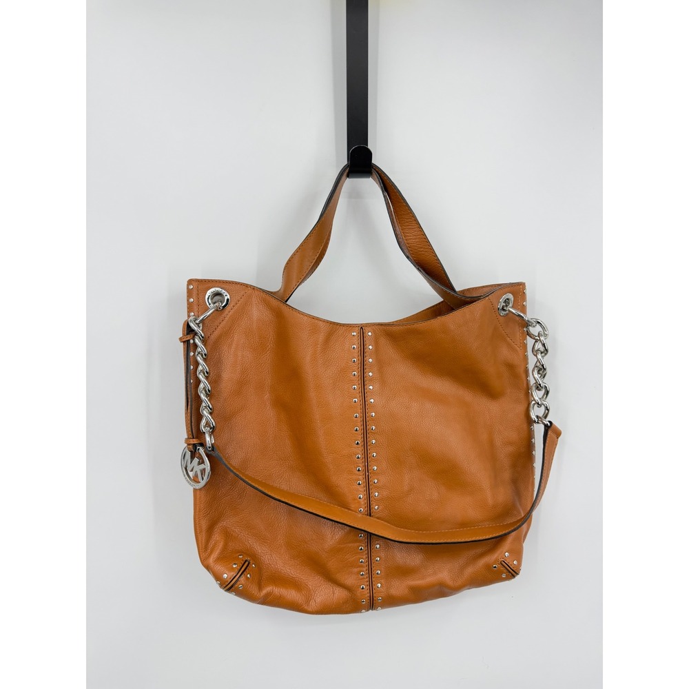 Michael Kors‎ Astor Studded Hobo Bag Women L Brown Leather Silver Chain Shoulder
